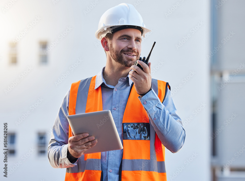 Poster walkie talkie of construction worker man for project management, planning or communication on tablet