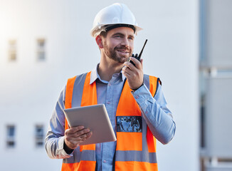 Walkie talkie of construction worker man for project management, planning or communication on...