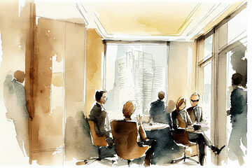group of people in office, business meeting watercolor illustartio, generative ai