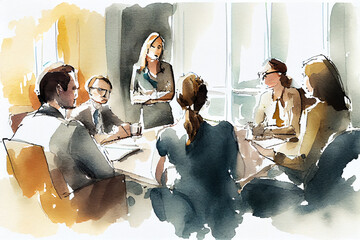 group of people in office, business meeting watercolor illustartio, generative ai