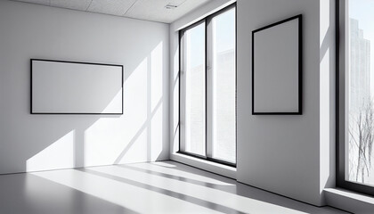 Empty white room with two blank frames on the wall and city view.generative ai