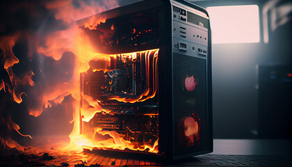 Fire in the server room. Data security concept.generative ai