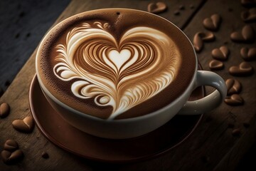 A latte art design with a heart-shaped foam on top of the coffee.