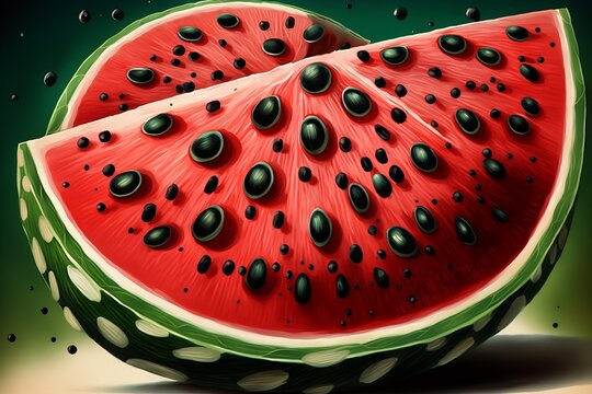 A close-up illustration of a sliced watermelon with juicy red fleash and black seeds.