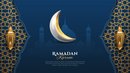 Ramadan Kareem islamic pattern background with realistic crescent moon, hanging lantern and mosque. Islamic background for banner, poster, and greeting card design