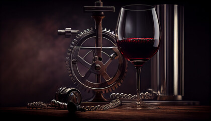 Glass of red wine with bottle and corkscrew on wooden table.generative ai