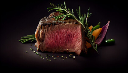 Grilled beef steak with rosemary and spices on a black background.generative ai