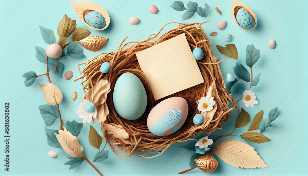 Poster happy easter day concept. top view easter eggs isolated on white background with copy space for text