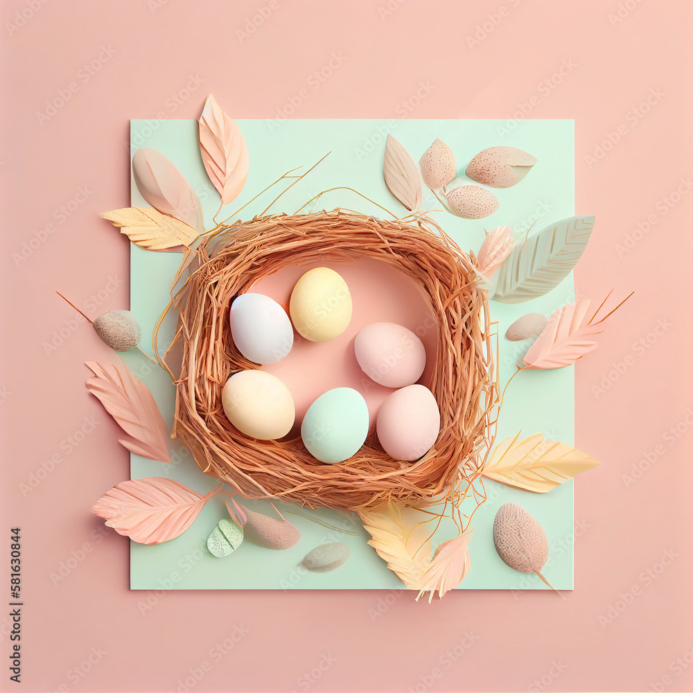 Poster happy easter day concept. top view easter eggs isolated on white background with copy space for text