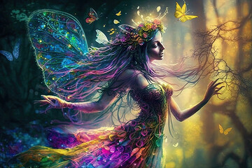 colorful magical dancing fairy in enchanted fantasy forest, generative AI - obrazy, fototapety, plakaty