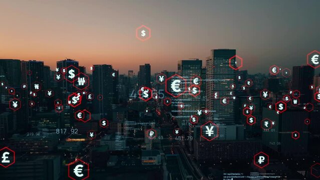 Modern city and foreign exchange concept. Electronic money. Cashless payment. Financial technology. Drone point of view.