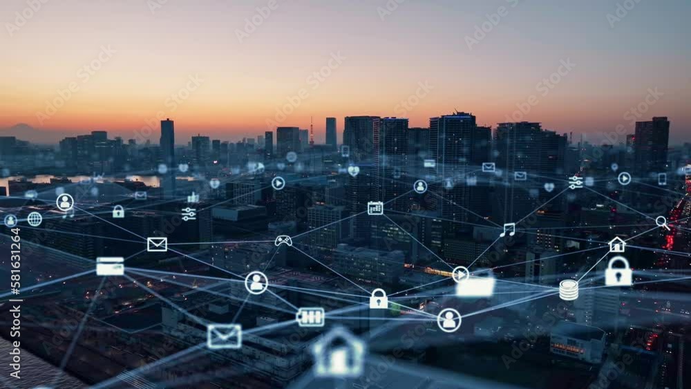 Aufkleber smart city and communication network concept. 5g. iot (internet of things). telecommunication.