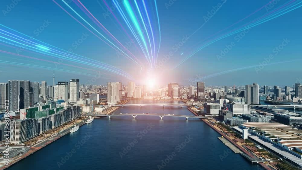 Poster modern city aerial view and light ray to the future concept. communication network. drone point of v