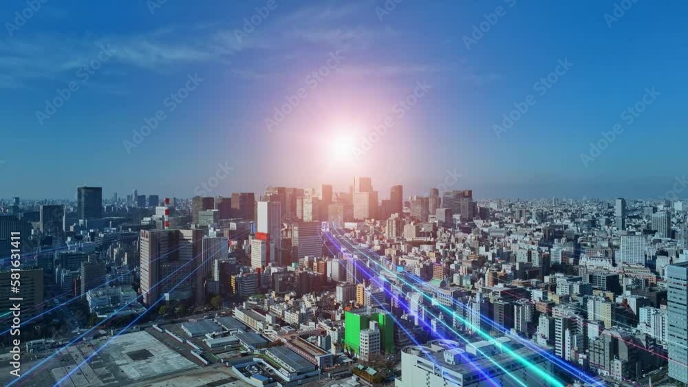 Fototapete Modern city aerial view and light ray to the future concept. Communication network. Drone point of view.