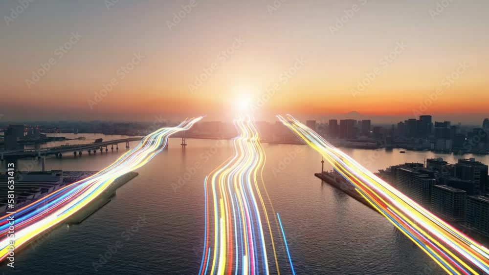 Poster modern city aerial view and light ray to the future concept. communication network. drone point of v