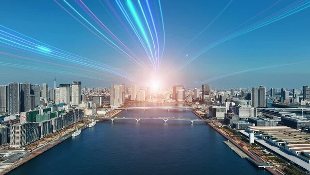 Modern city aerial view and light ray to the future concept. Communication network. Drone point of view.