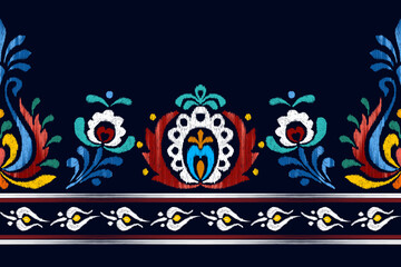 Ikat beautiful embroidery neckline and geometrical border lace design, black background , digital and textile print on fabric