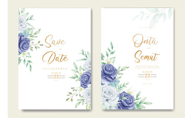wedding invitation with rose and leaf navy blue