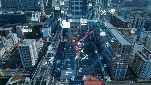 Modern city construction site aerial view and Industrial technology concept. IIoT. Internet of Things. Construction tech.