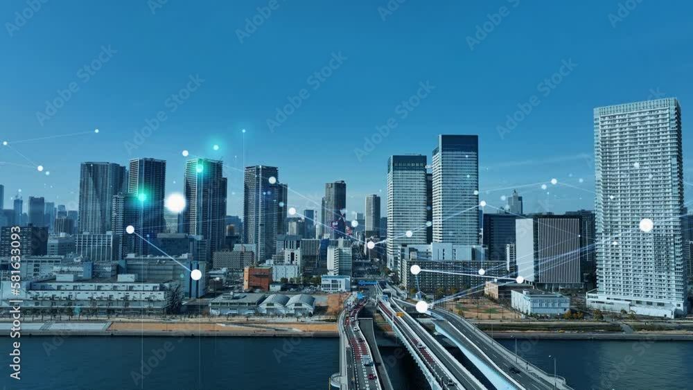 Poster Modern city and communication network concept. IoT (Internet of Things). Smart city. Digital transformation. Drone point of view.
