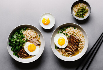 Bowls of ramen soup with egg and meat (Japan)