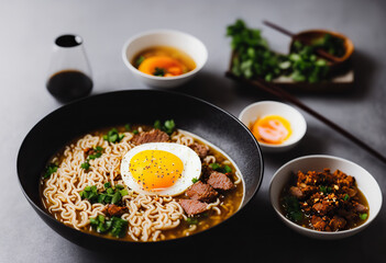 Bowls of ramen soup with egg and meat (Japan)