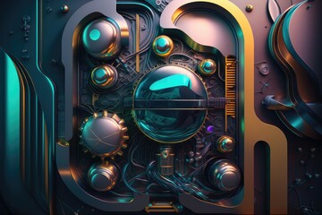 A futuristic sci-fi inspired background featuring metallic silver and gold, mixed with deep blues and greens and neon pink accents. Generative AI