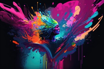A more dramatic high-contrast background with dark blues and purples, highlighted by bright splashes of neon pink orange and green. Generative AI