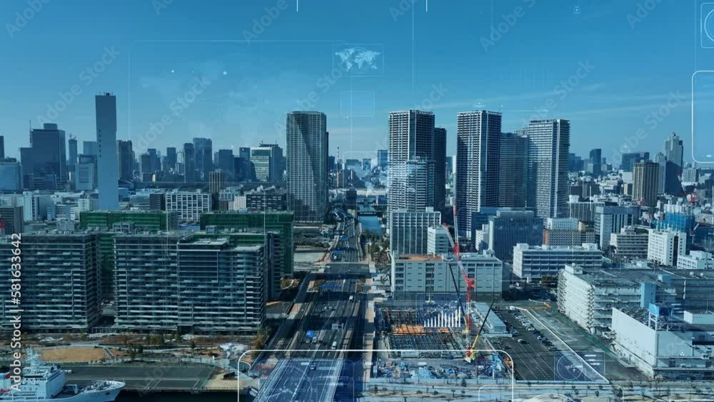 Poster Modern city aerial view and digital transformation concept. System engineering. GUI (Graphical User Interface).