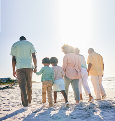 Rear view, holding hands and family at a beach for travel, vacation and holiday on summer mockup....