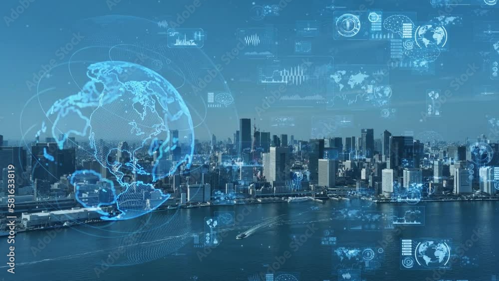 Aufkleber Modern city and Global communication network concept. Digital transformation. Drone point of view.
