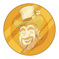 St. Patrick's Day commemorative golden coin with Leprechaun face, Vector illustration