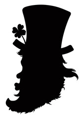 Leprechaun head silhouette with top hat, clover and kiss gesture, Vector illustration
