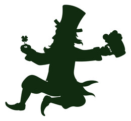 Obraz premium Elegant and seated Leprechaun silhouette holding beer mug and shamrock, Vector illustration