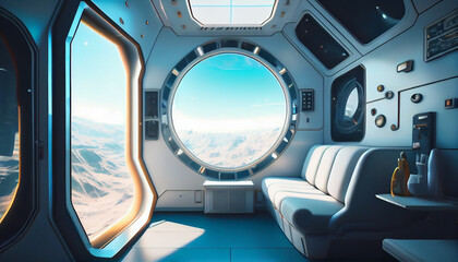 Spaceship interior with view on mountains and blue sky.generative ai