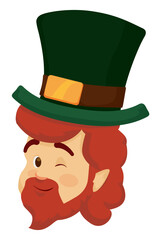 Leprechaun head with winking gesture, ginger beard and top hat, Vector illustration