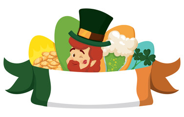 Obraz na płótnie Canvas Irish flag, Leprechaun, gold coins, green beer and shamrocks, Vector illustration