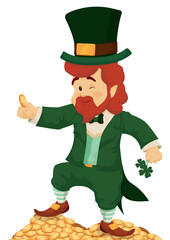 Rich Irish Leprechaun on a pile of gold coins, Vector illustration