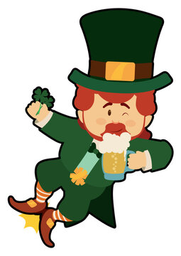 Happy Leprechaun clicking his heels while drinking a beer, Vector illustration
