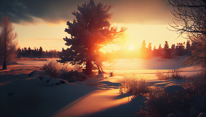 Winter landscape with snowy road and trees at sunset.generative ai