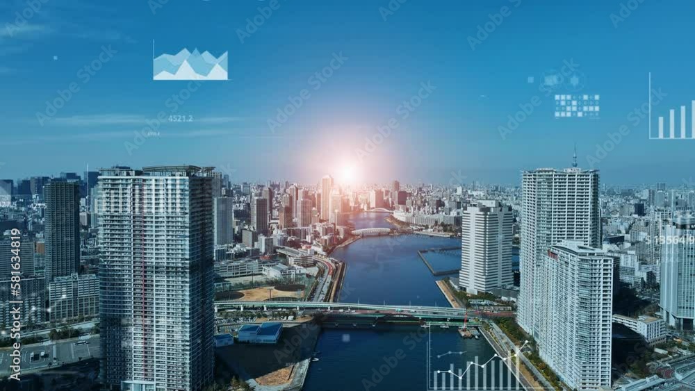 Aufkleber Modern city and statistics data concept. Management strategy. Financial technology. Drone point of view.
