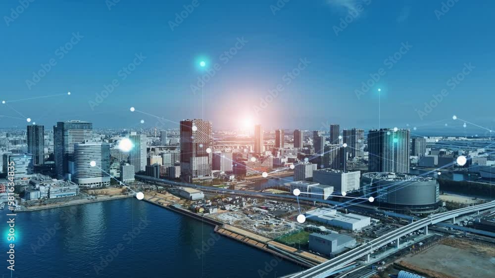 Poster Modern city and communication network concept. IoT (Internet of Things). Smart city. Digital transformation. Drone point of view.
