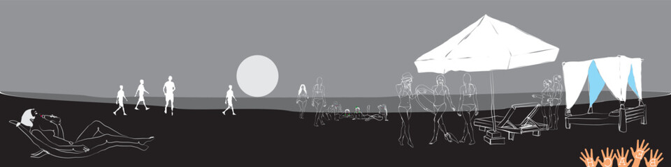 Female figure. Expressive line silhouettes of female bodies in various poses.Girls in swimsuits holding surfboards, standing, sitting or lying on the beach in gray black shades of night. vector sketch