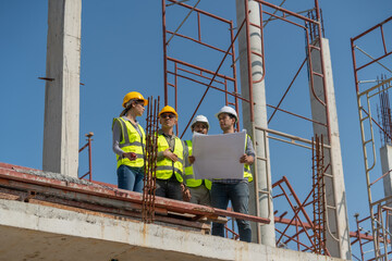 Diverse team of experts Inspect construction sites for commercial and industrial buildings, real estate projects with civil engineers.