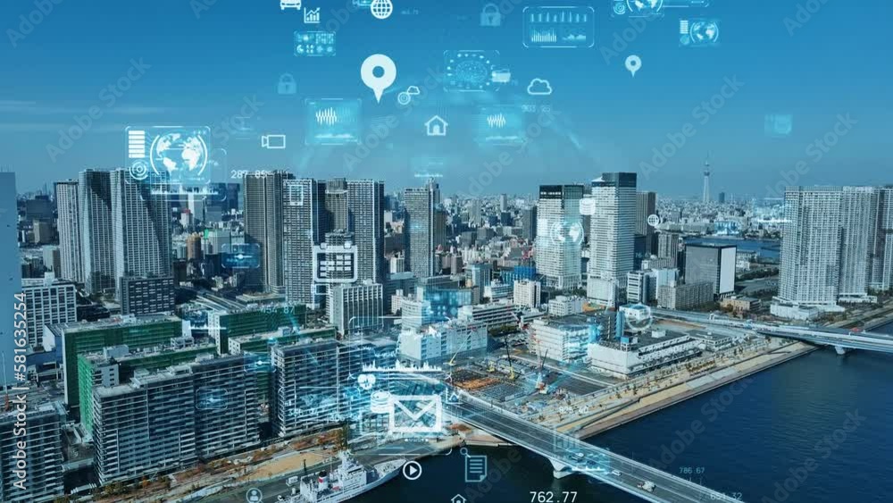 Poster Modern city and digital technology concept. Digital transformation. Drone point of view.