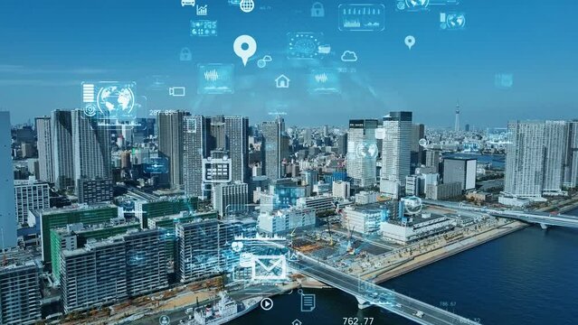 Modern city and digital technology concept. Digital transformation. Drone point of view.