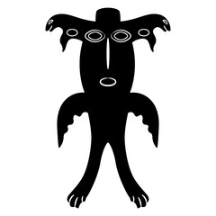 Owl man. Fantastic creature from ancient Siberian mythology. Permian animal style. Black and white silhouette.