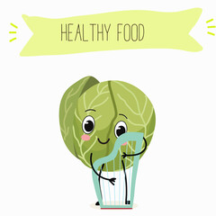 Illustration with funny characters cabbage, brussels, sprouts, radish   Funny and healthy food. Vitamins, cute face food, ingredients, vegetarian, vector cartoon, agriculture, raw.