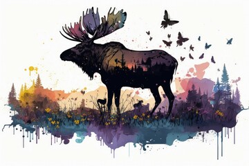 Impressive moose stood amidst a meadow of wildflowers, its antlers silhouetted against the sky. Ink color painting. Generative AI