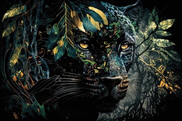 Mysterious panther melted into the shadows of a jungle, its eyes glowing amidst the exotic flora. Ink color painting. Generative AI